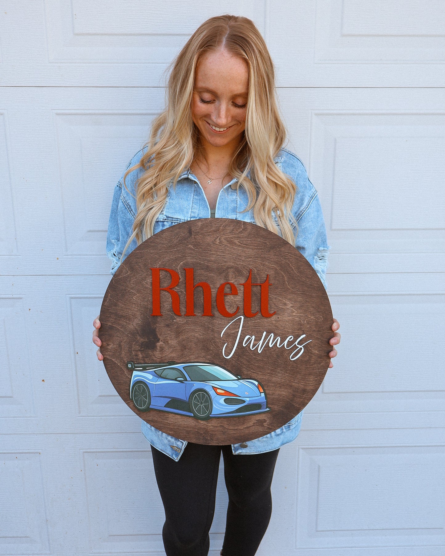 Customized Round Baby Nursery Name Sign with Racecar