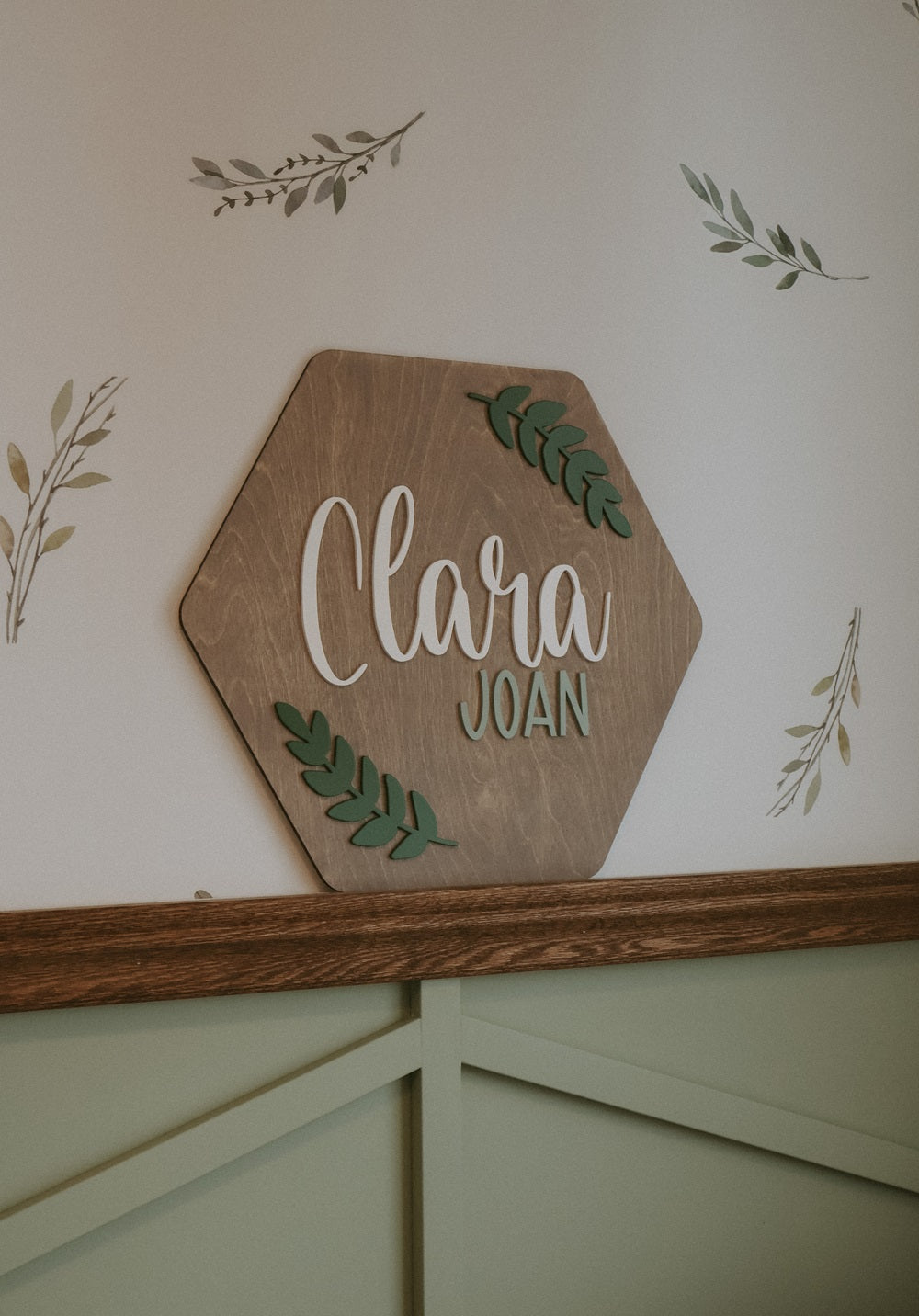 Customized Hexagon Baby Nursery Name Sign with leaves or branches