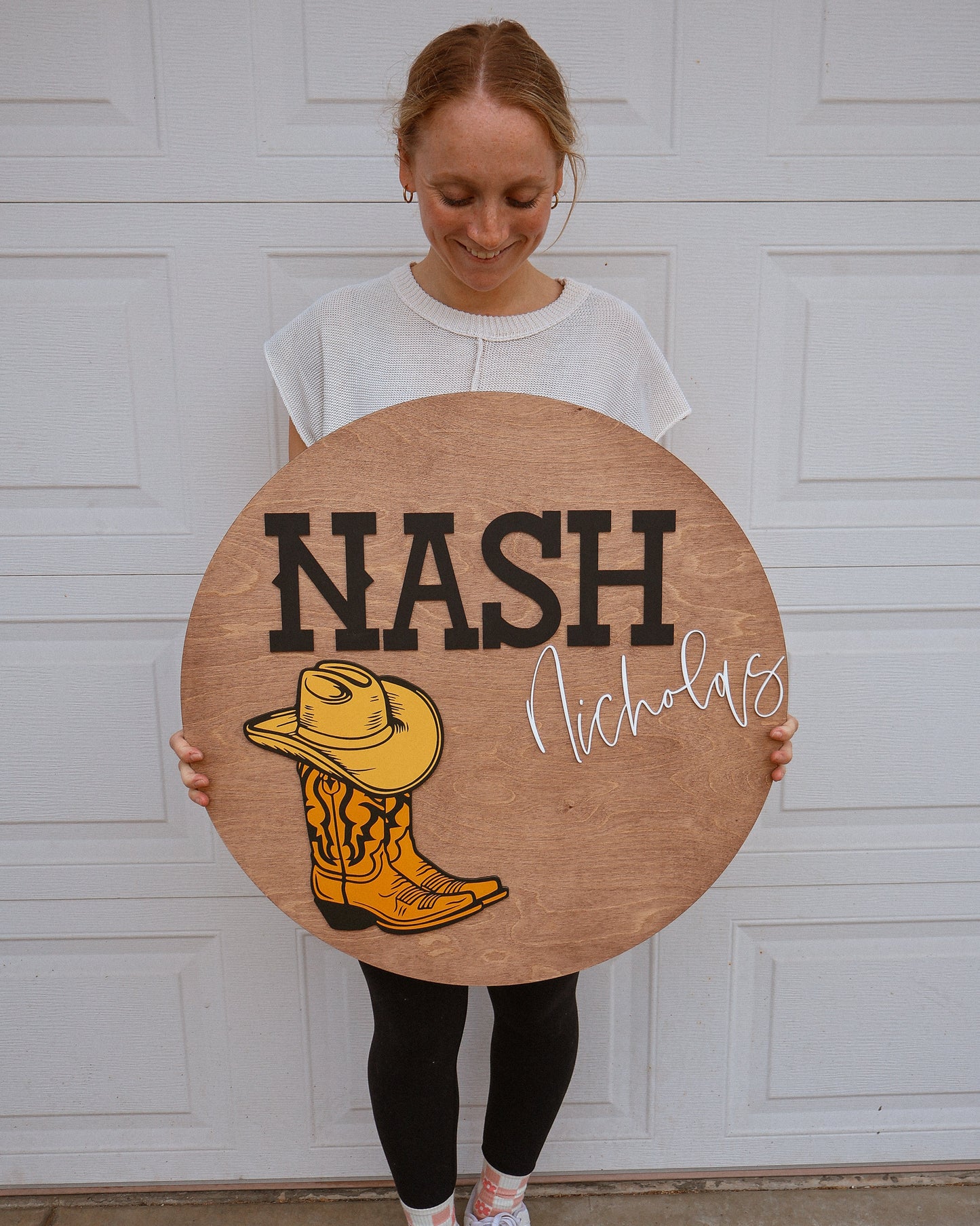 Customized Round Baby Nursery Name Sign with Cowboy Boot and Hat