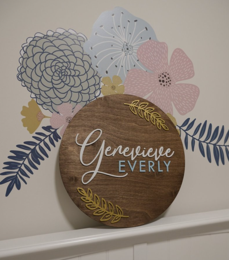 Customized Round Baby Nursery Name Sign with leaves or branches