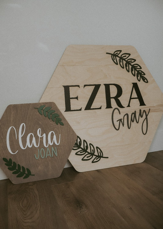 Customized Hexagon Baby Nursery Name Sign with leaves or branches