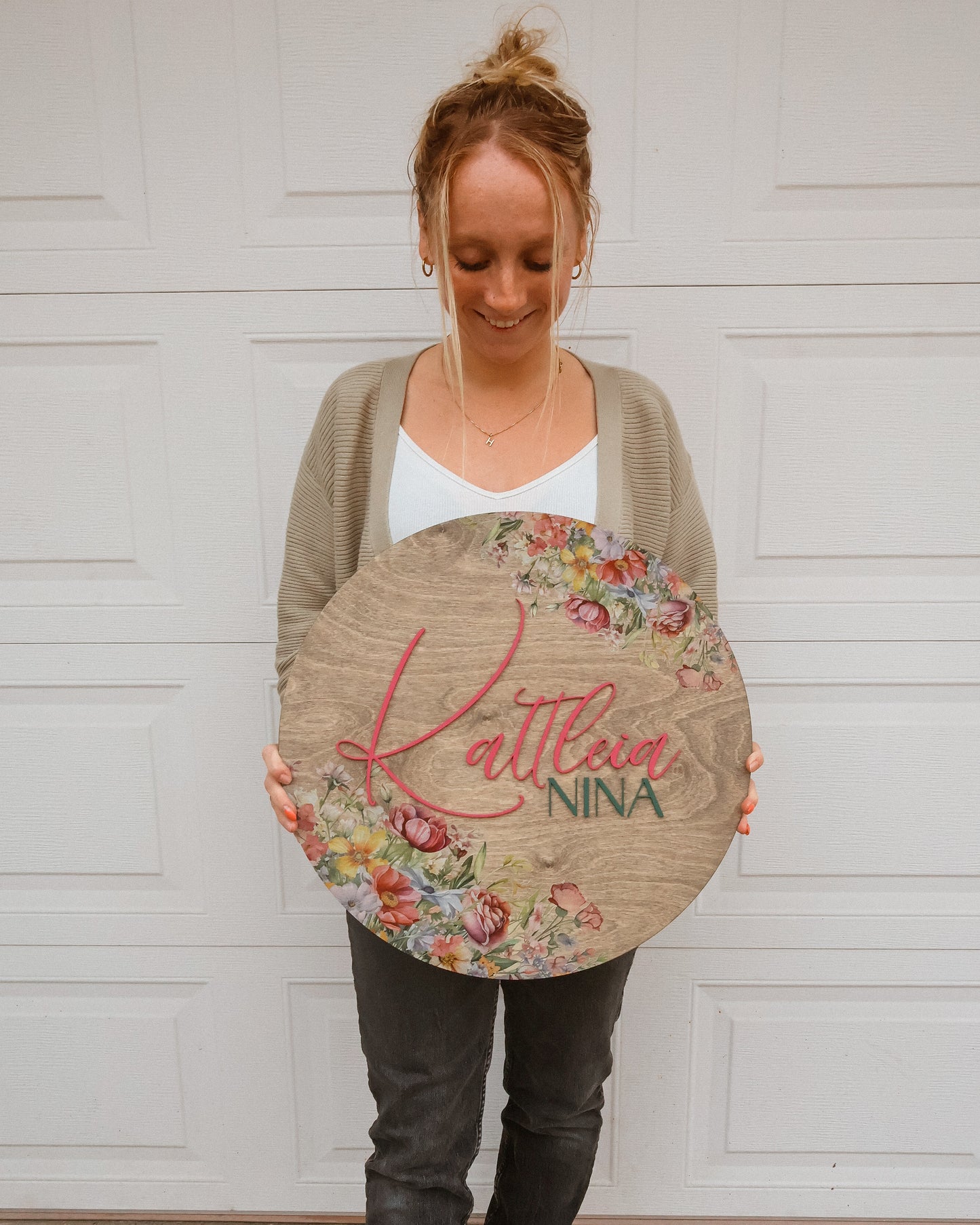 Customized Round Meadow Flowers Baby Nursery Name Sign