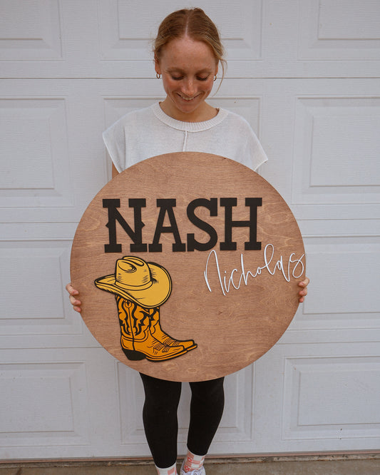Customized Round Baby Nursery Name Sign with Cowboy Boot and Hat