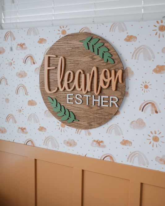 Customized Round Baby Nursery Name Sign with leaves or branches