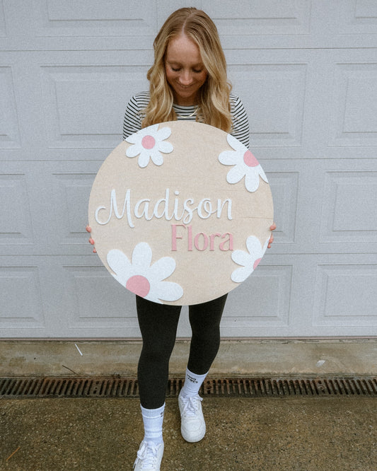 Customized Round Baby Nursery Name Sign with flowers