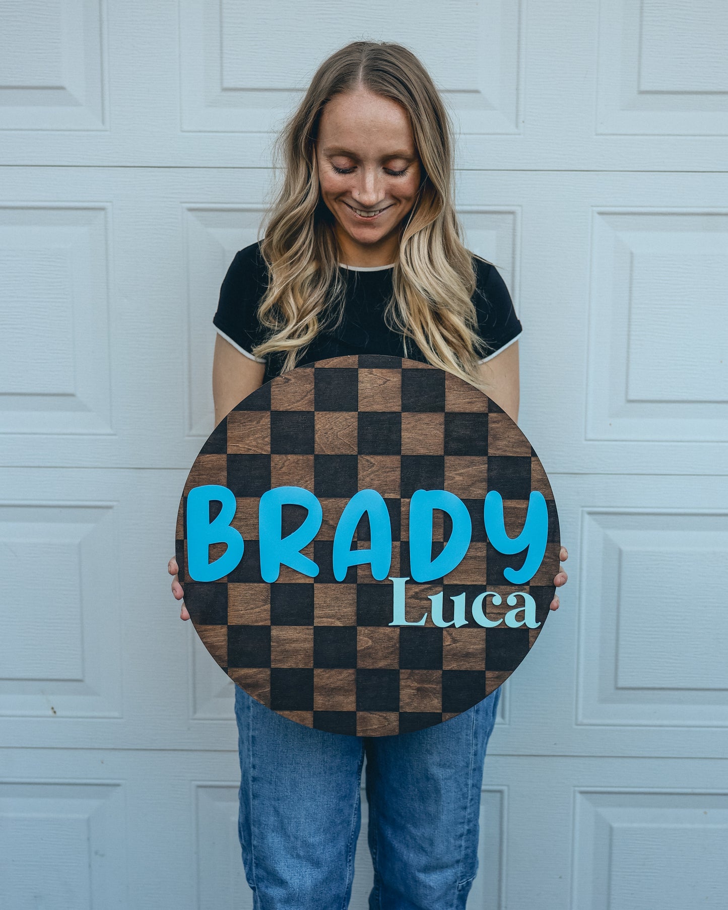 Customized Checkered Round Baby Nursery Name Sign