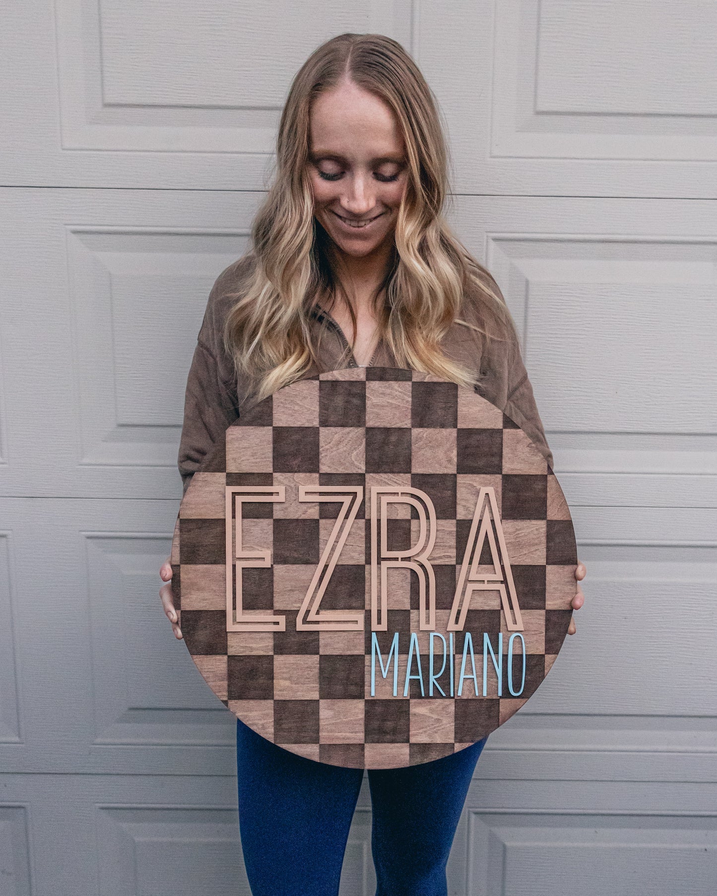 Customized Checkered Round Baby Nursery Name Sign