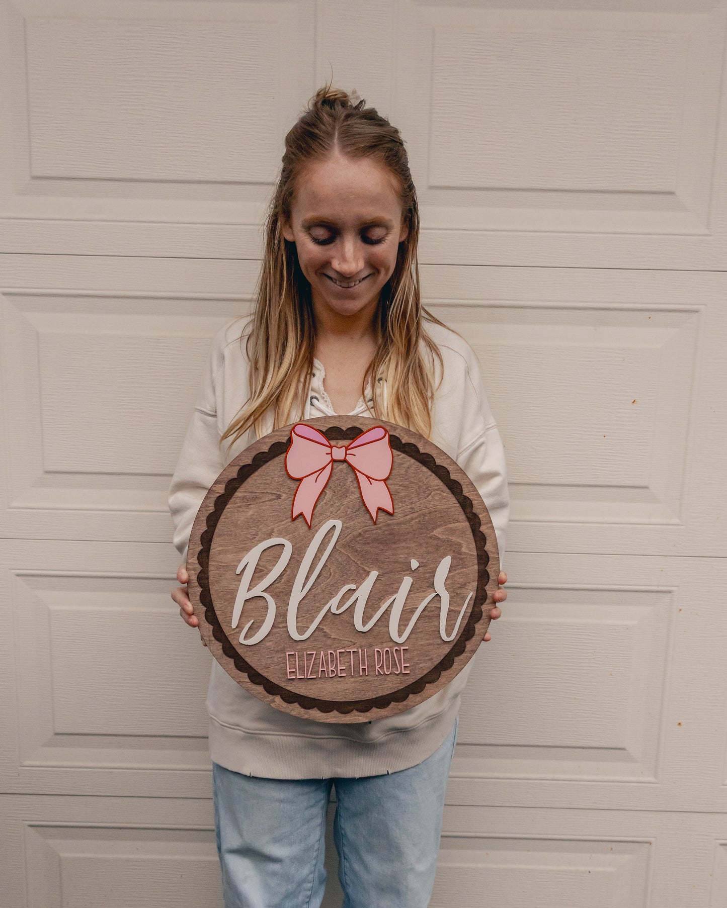 Customized Round Baby Nursery Name Sign with Bow